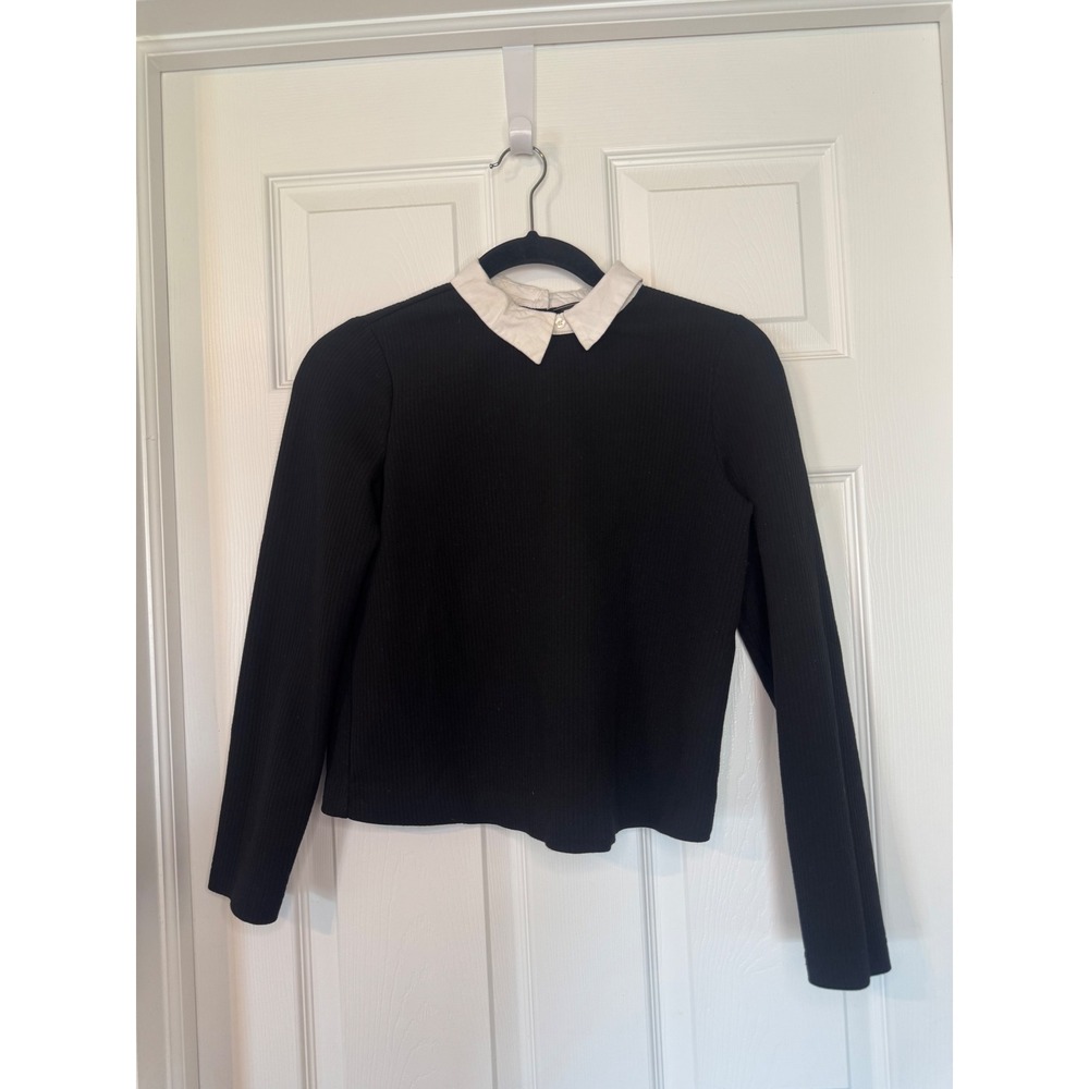 Zara Trafaluc Black Ribbed Knit Long Sleeve Top White Peter Pan Collar Small